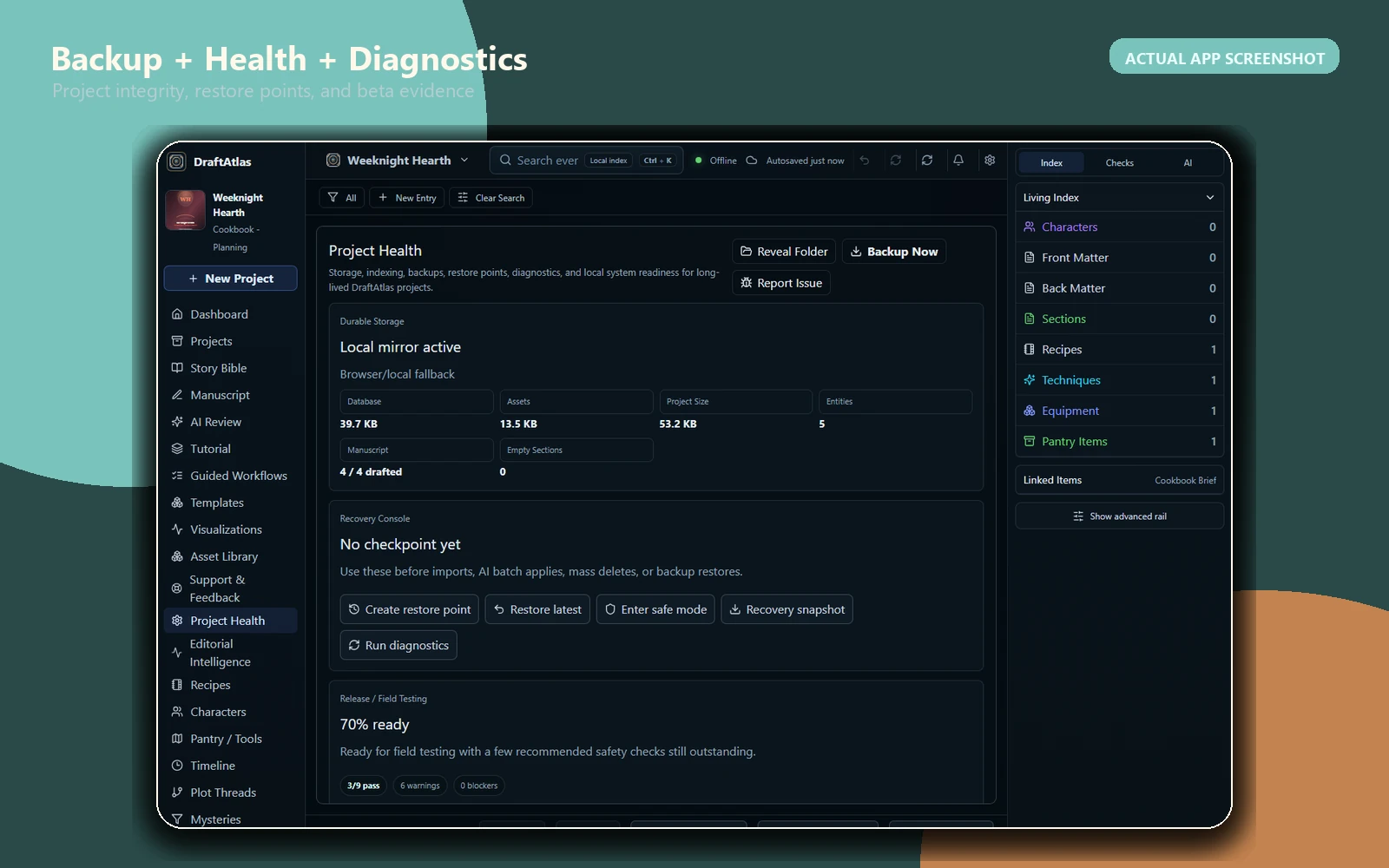 Actual DraftAtlas Project Health screen showing backup and diagnostics tools.