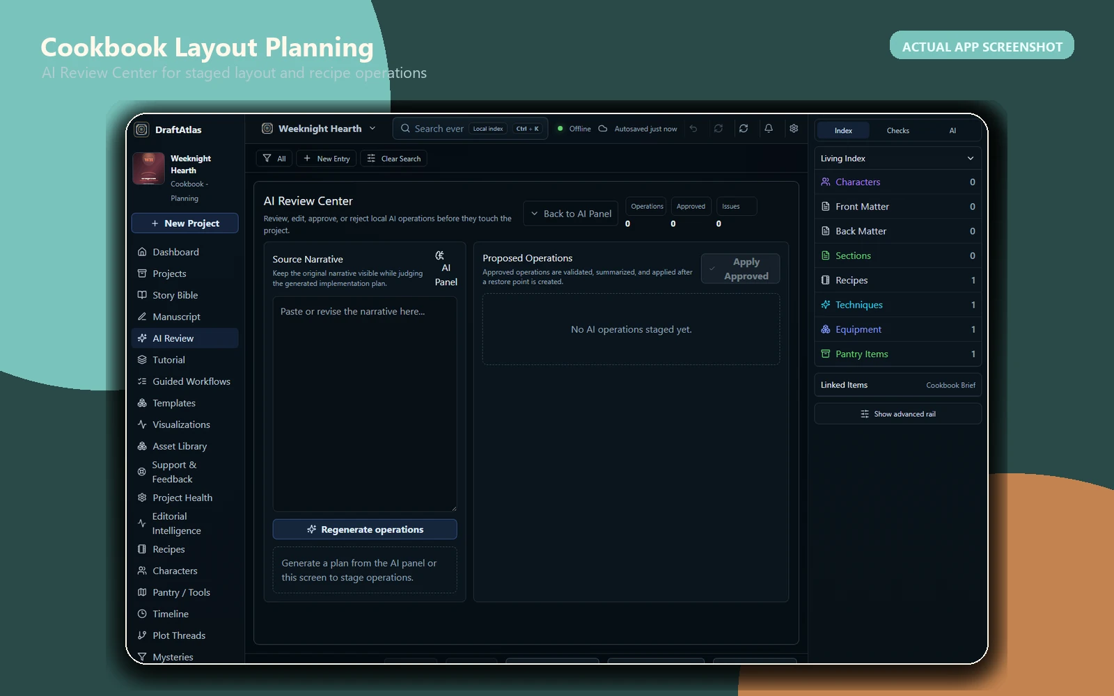 Actual DraftAtlas AI Review Center screen used for cookbook layout planning.