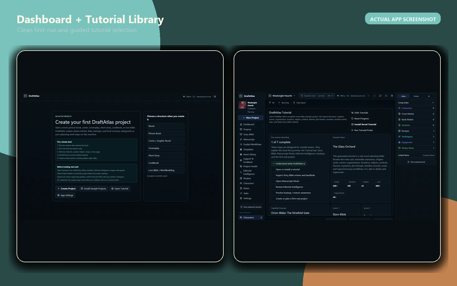 Actual DraftAtlas dashboard and tutorial library screens from the private beta.