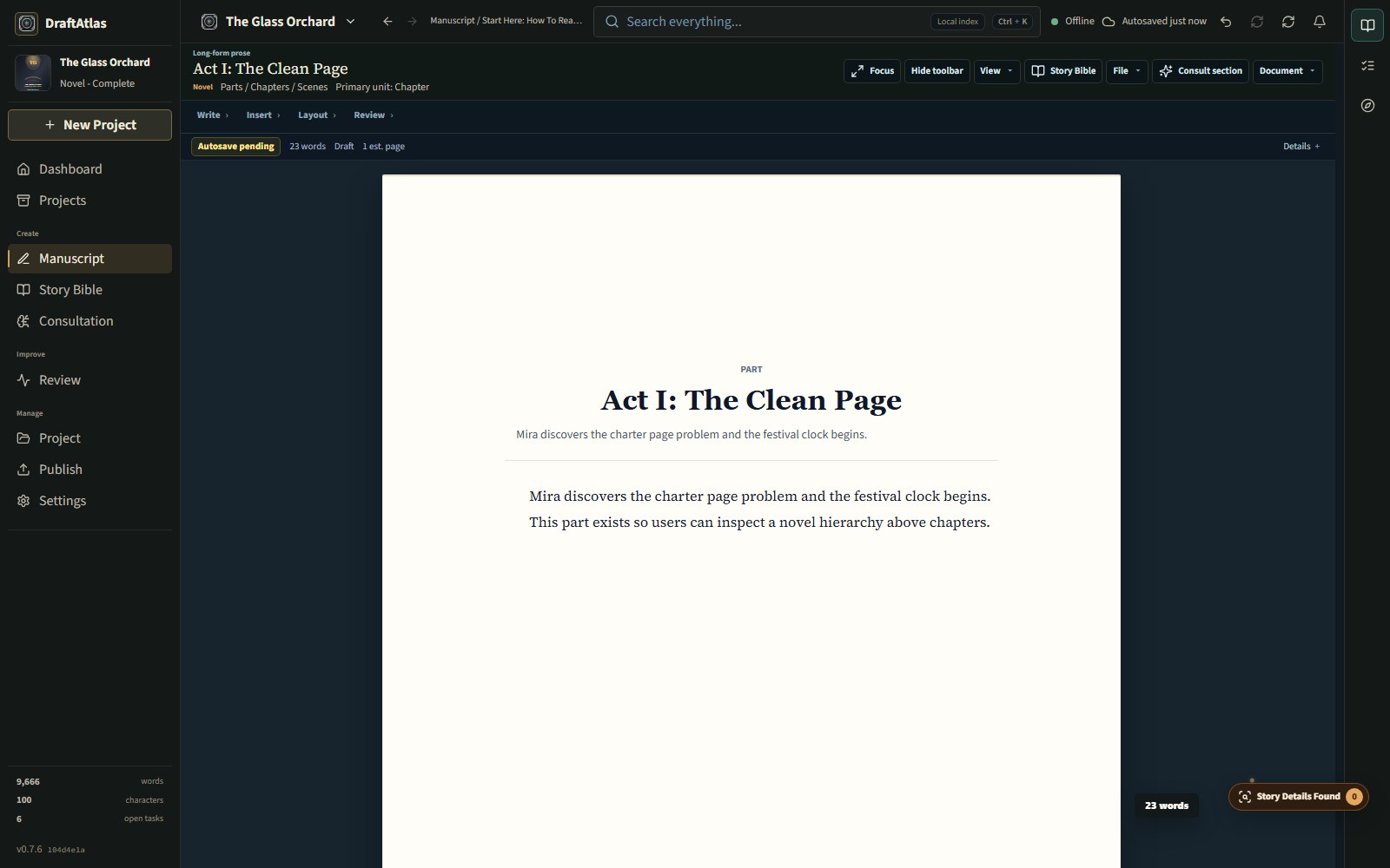 Current DraftAtlas Living Manuscript for The Glass Orchard showing a professional writing page supported by project context and Story Details.