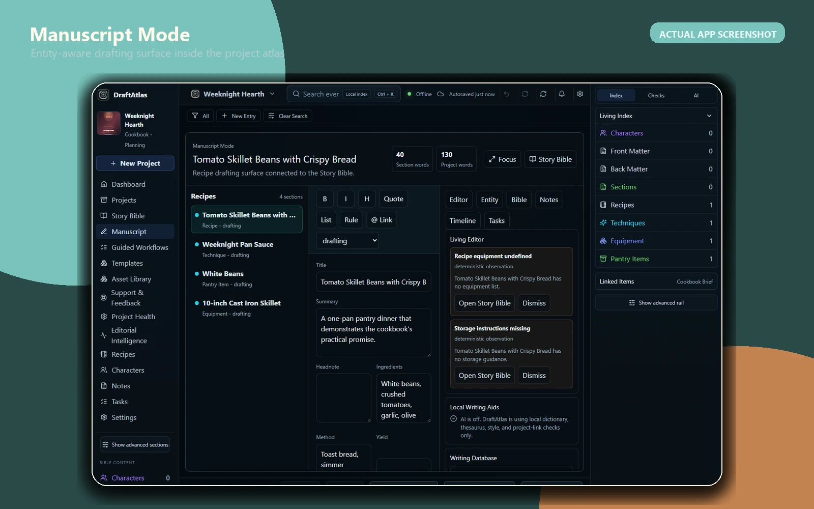 Actual DraftAtlas Manuscript Mode screen connected to the tutorial project.